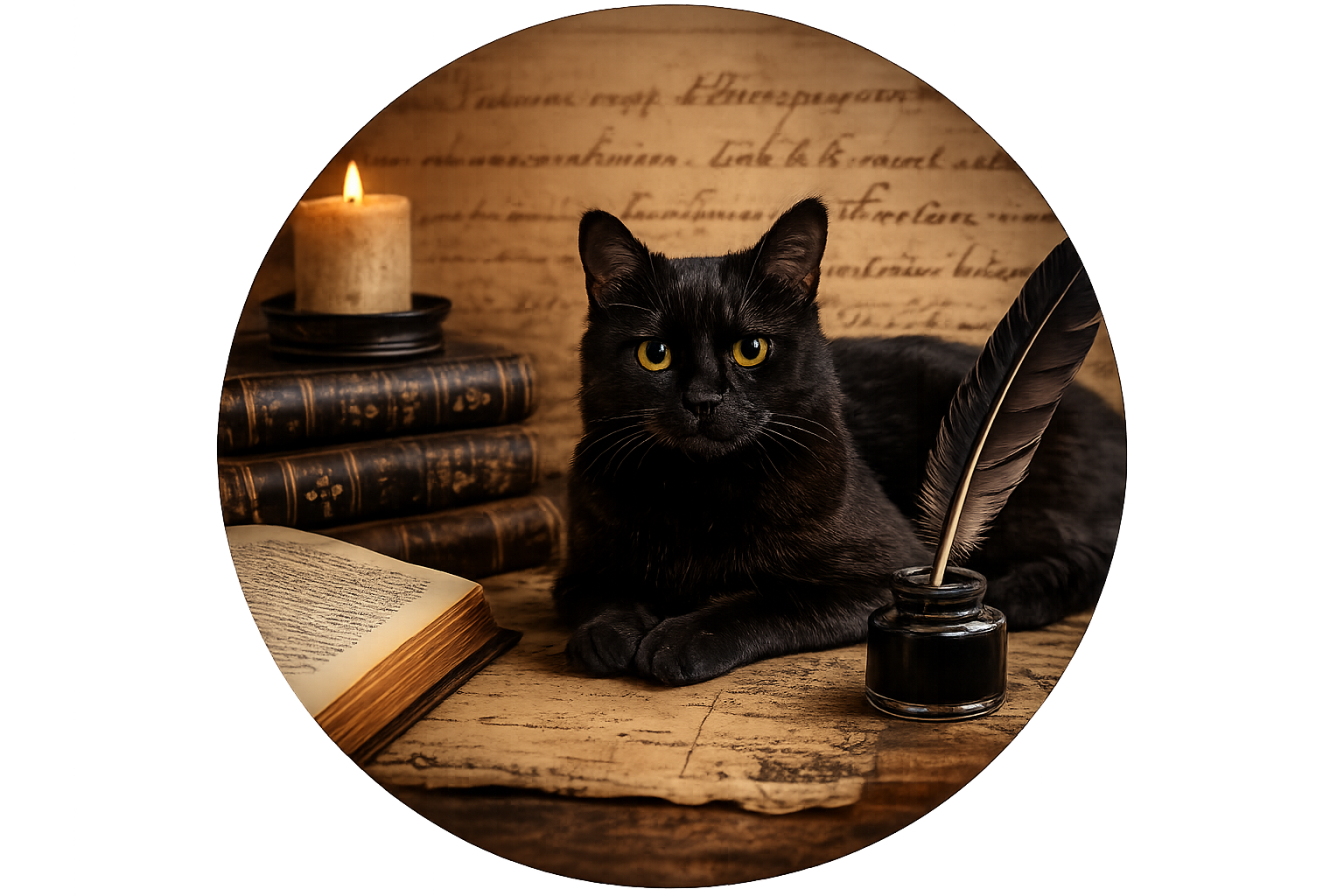 Gato negro junto a libros, vela y pluma